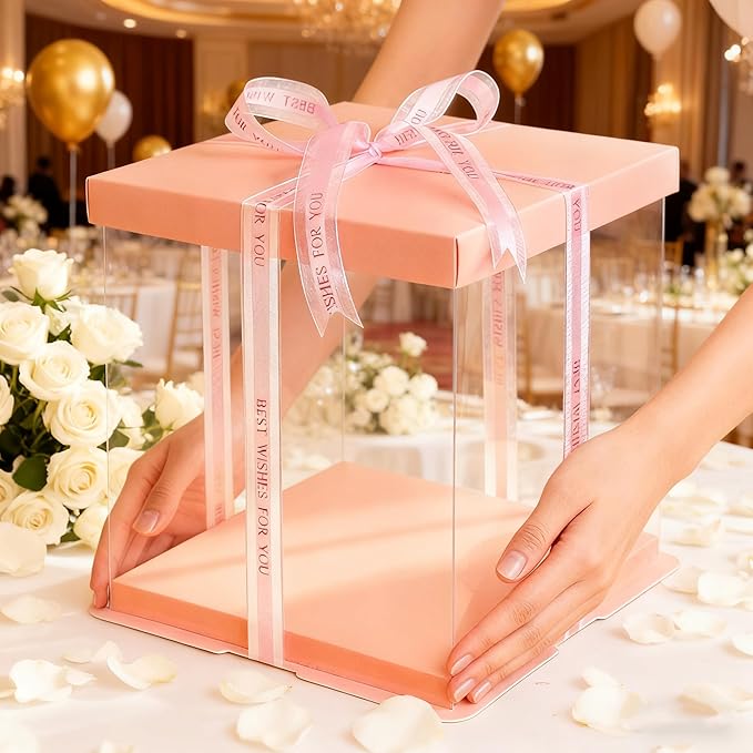 XININSUN Clear cake Box,10" X 10" X 9" with ribbon and pre-folded lid, for 8" cake carrier, baking cookie display, Carry Tall Layer Gift, Festive Gift Box -Pink