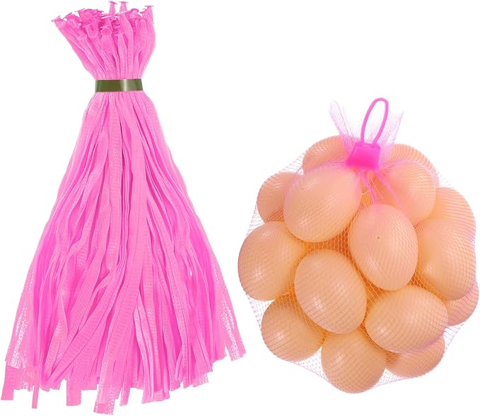 uxcell 100Pcs Reusable Produce Mesh Bags, 35cm Mesh Nylon Netting with Loop-Style Closures, Stretchable Egg Hatching Bags for Fruit Vegetable Storage, Pink
