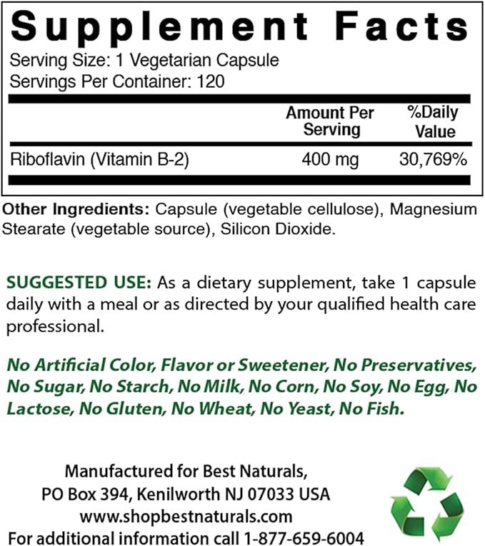 Best Naturals Vitamin B1 as Thiamine Mononitrate 500 mg & Vitamin B2 (Riboflavin) 400mg