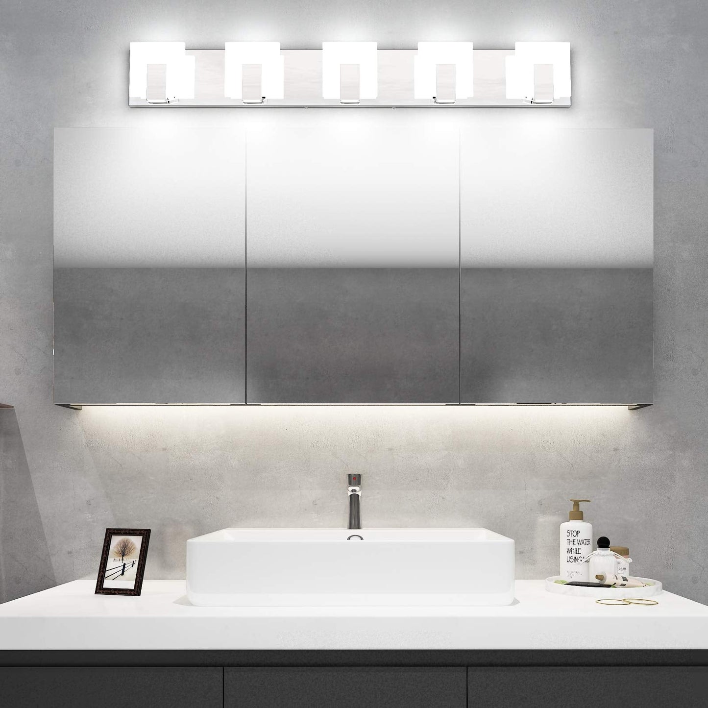 Aipsun Modern Led Bathroom Vanity Light - 5 Lights, Chrome Stainless Steel, Up And Down Over Mirror, 6000K White Light, Model Ca-1105-5T