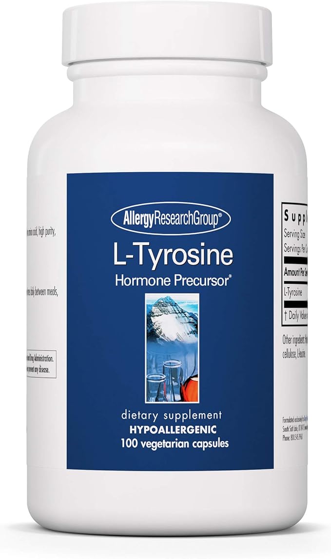 Allergy Research Group L-Tyrosine - Brain Support, Hormone Precursor, Free Form Amino Acid, 500mg Supplement, Thyroid Support Capsules - 100 Count