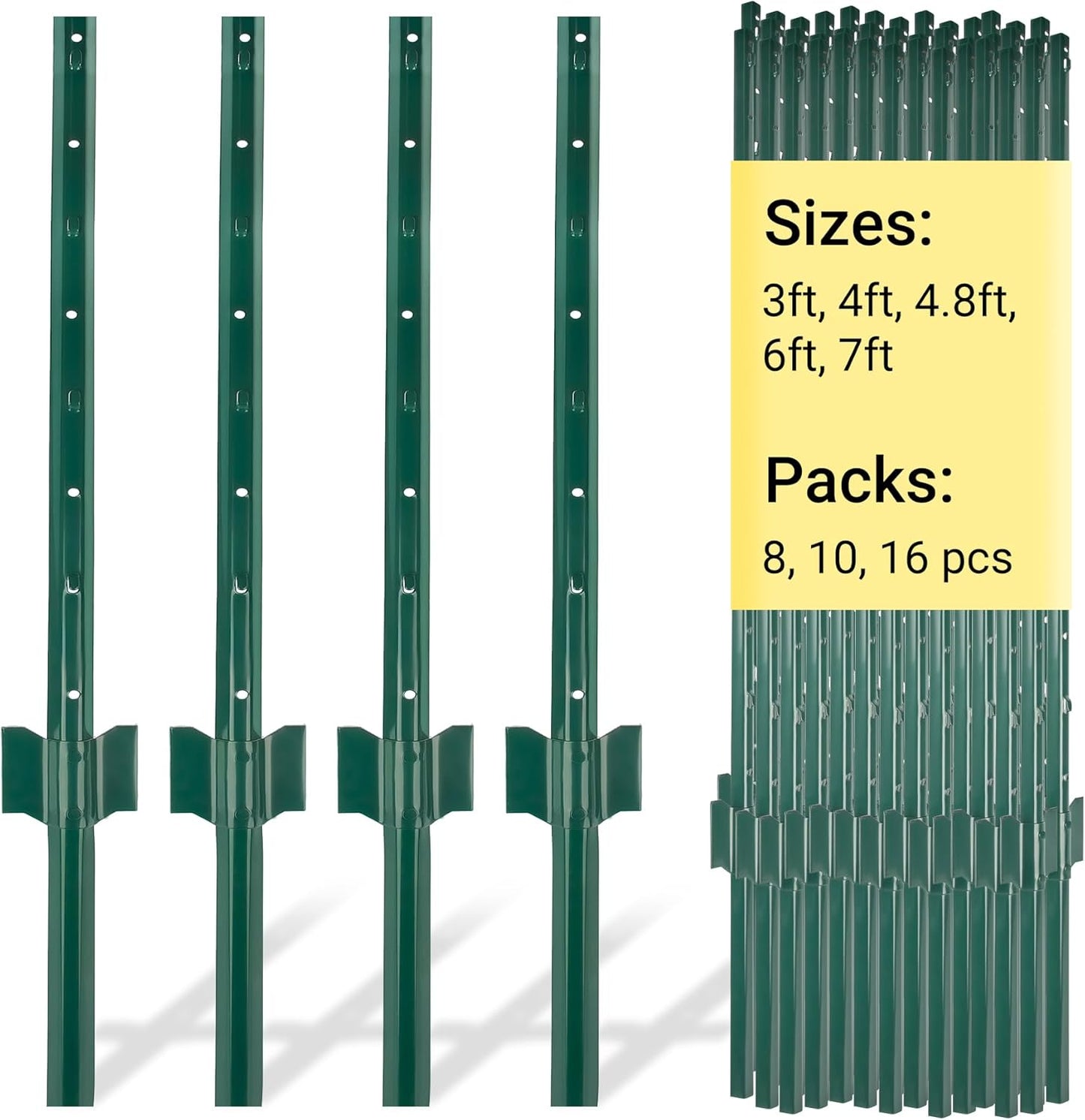 Fence Posts 4 Ft - 16 Pack, Heavy Duty Metal Fence Post, No Dig U Post for Farm, Garden, Orchard and Outdoor Wire Fencing(Green)
