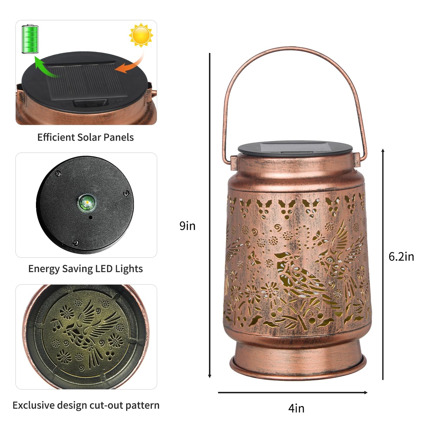 KIKUSUI Cardinal Solar Lantern - Metal Waterproof LED Hanging Light for Yard, Patio, Garden Decor - Warm White - Model D7-DL14