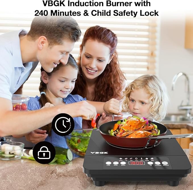 VBGK Single Burner Induction Cooktop,1800W Portable Induction Cooktop,110V Hot Plate with LCD Sensor Touch, 7 Temp Levels up to 518°F, Safety Lock, 4-Hour Timer, 9 Heat-Resistant Cooking
