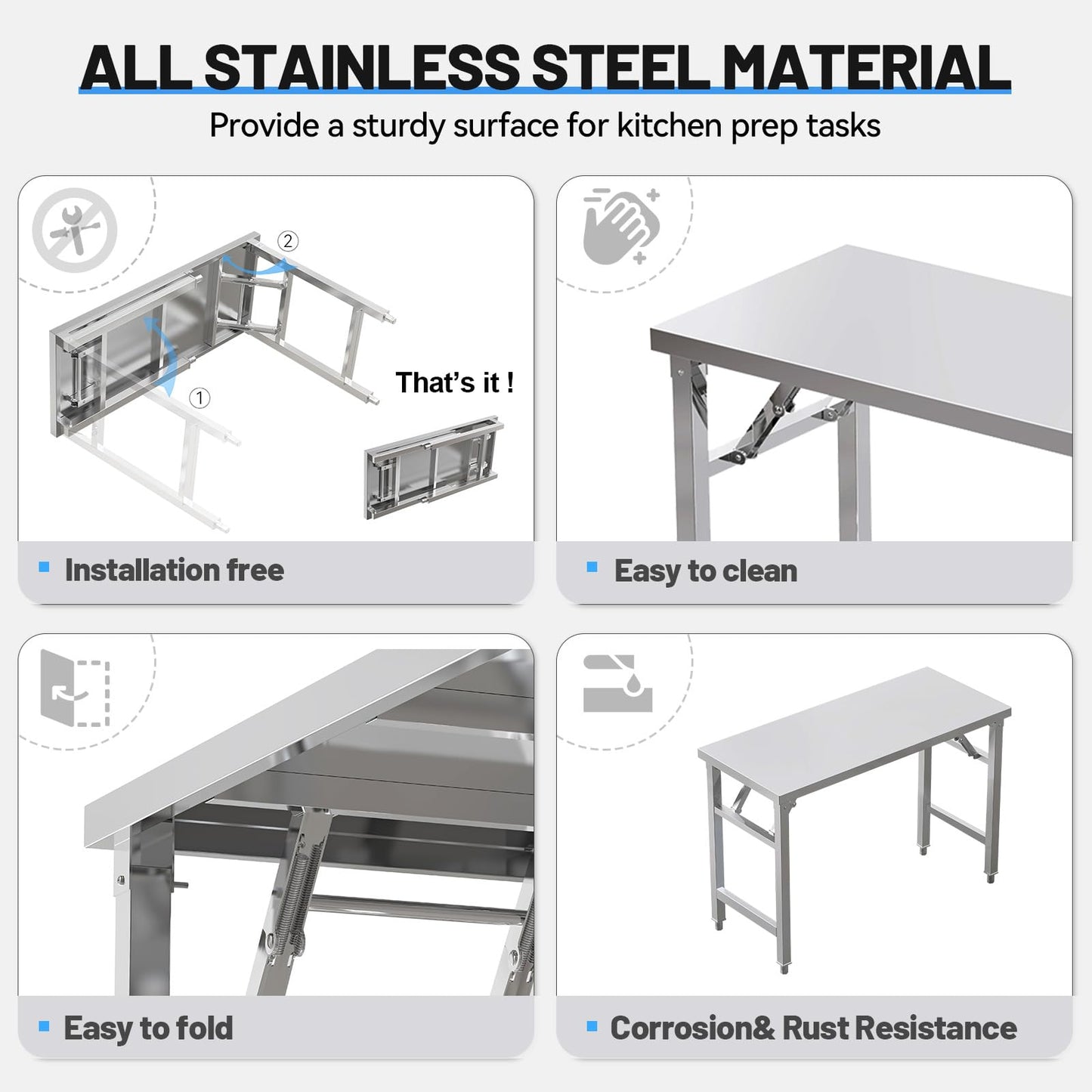 PurezmMoto Folding Stainless Steel Table with Adjustable Table Corners and Lower Removable Shelf 20X45 Inches for Outdoor Camping, Maintenance Room, Storage, Kitchen (Without undershelf)