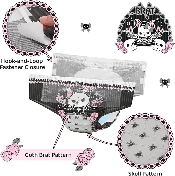 Littleforbig Ultra Absorbent 7000 mL Adult Printed Diaper 10 Pieces - Goth Brat (Large 36"-48")