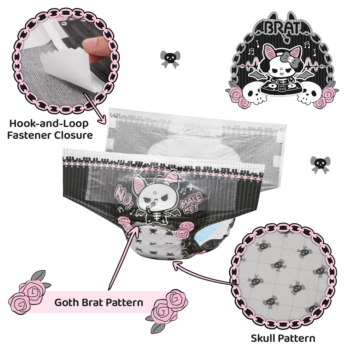Littleforbig Ultra Absorbent 7000 mL Adult Printed Diaper 10 Pieces - Goth Brat (Large 36"-48")
