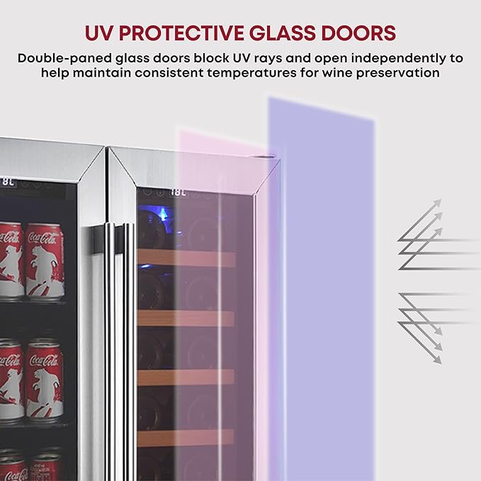 Koolatron Wine Fridge - Under Counter Wine Cooler, 18 Bottle & 56 Beverage Can Chiller, Built in Cabinet for Champagne, White & Redwines, Bar, Dual Zone Cellar, Stainless Steel Made In Canada