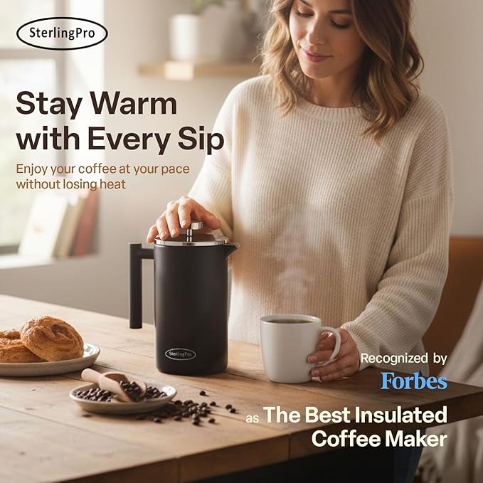 Extra Large French Press Coffee Maker 59 oz (1.75L), Large Capacity Stainless Steel Big French Press XL, Thermal Insulated Black Coffee Maker with Double Walled Insulation, Mirror