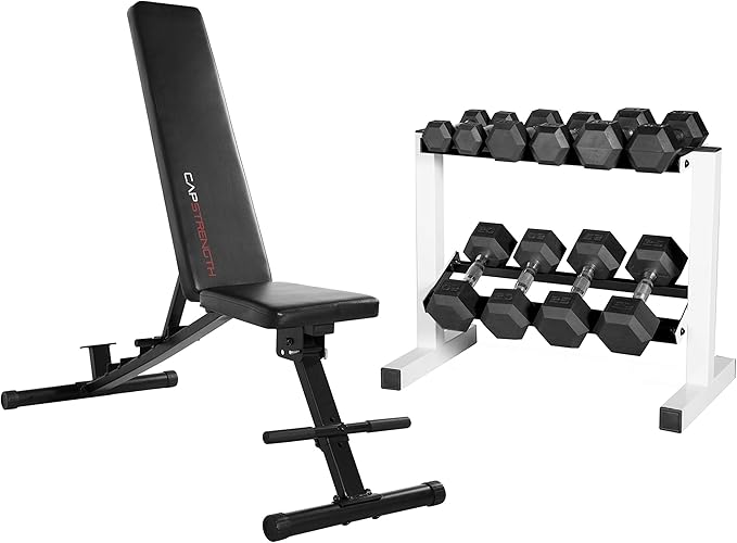 CAP Barbell 150-Pound Dumbbell Set, 24-Inch White Rack & Adjustable Bench Bundle