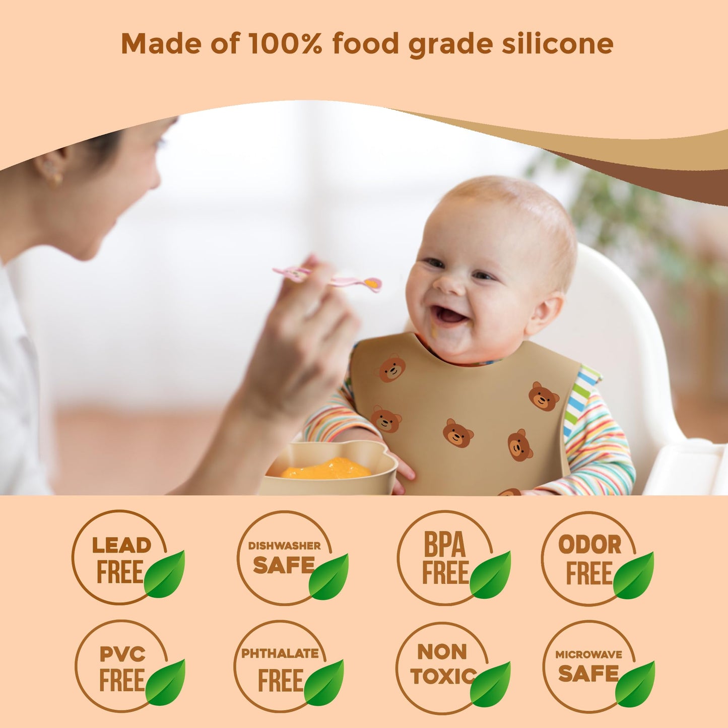 Neverland Creations Silicone Baby Feeding Set - 7 Piece - Baby Led Weaning Supplies - Suction Bowl, Divided Plate, Adjustable Bib, Snackcup, Cup, Eating Utensils and Baby Dishes for 6+ Months