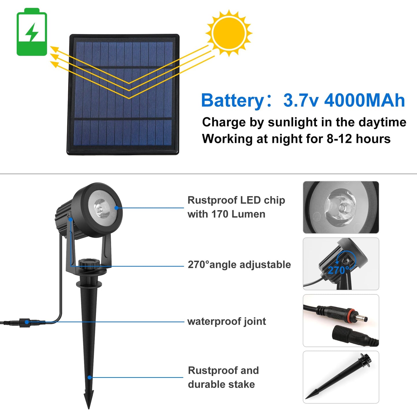 CREPOW Solar Spot Lights Outdoor, IP65 Waterproof, 6-in-1, Warm White, Model TS-S4205, Dusk to Dawn for Garden, Yard, Driveway