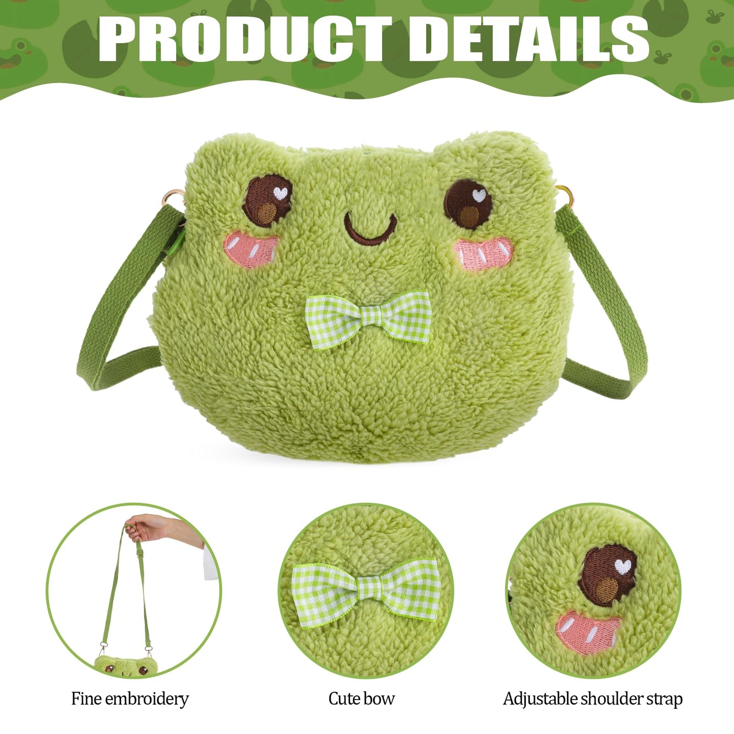Qianyu Green Frog Crossbody Bag Cute Plush Purse Backpack Kawaii Shoulder Portable Practical Wallet Cartoon Animal Lolita Bag with Chain Strap Send to Children Adults Girls and Women