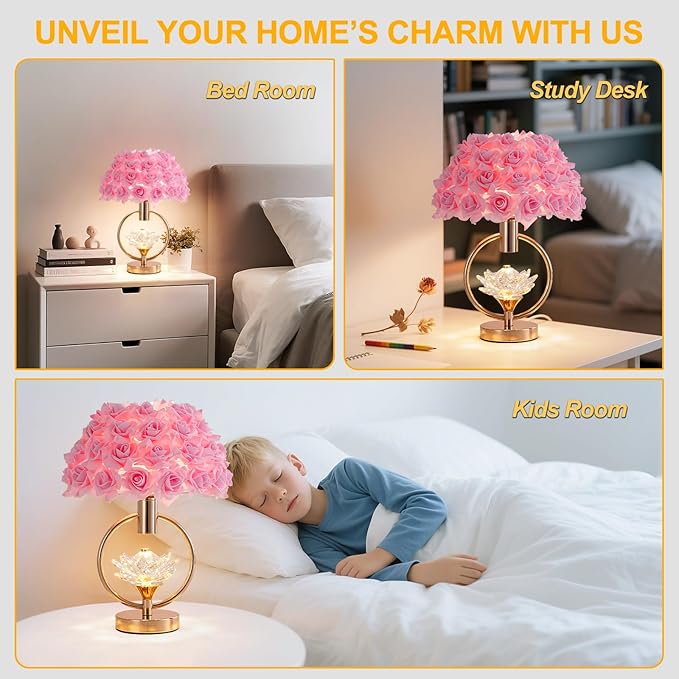 Modern Pink Rose Table Lamp with Crystal Romantic Flower Bedside Lamp Princess Nightstand Lamp Creative Desk Light for Girl Bedroom Living Room Entry Hotel Wedding 17IN