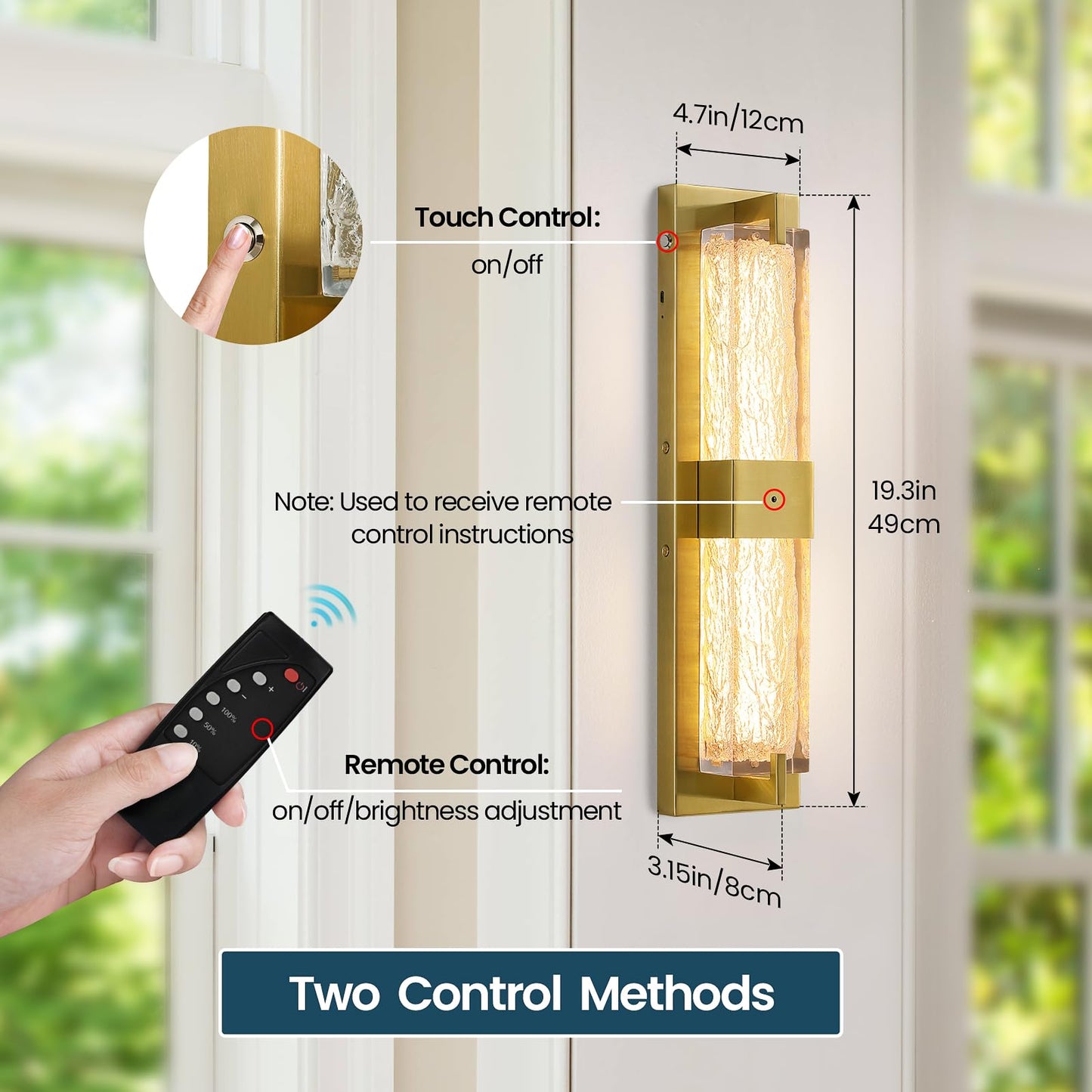 Battery Operated Resin Wall Sconce - Wireless Rechargeable Gold Wall Light Dimmable Led Remote Wall Sconces Lighting Modern Cordless Brushed Brass Vanity Light Fixture For Living Room Bedroom Bathroom