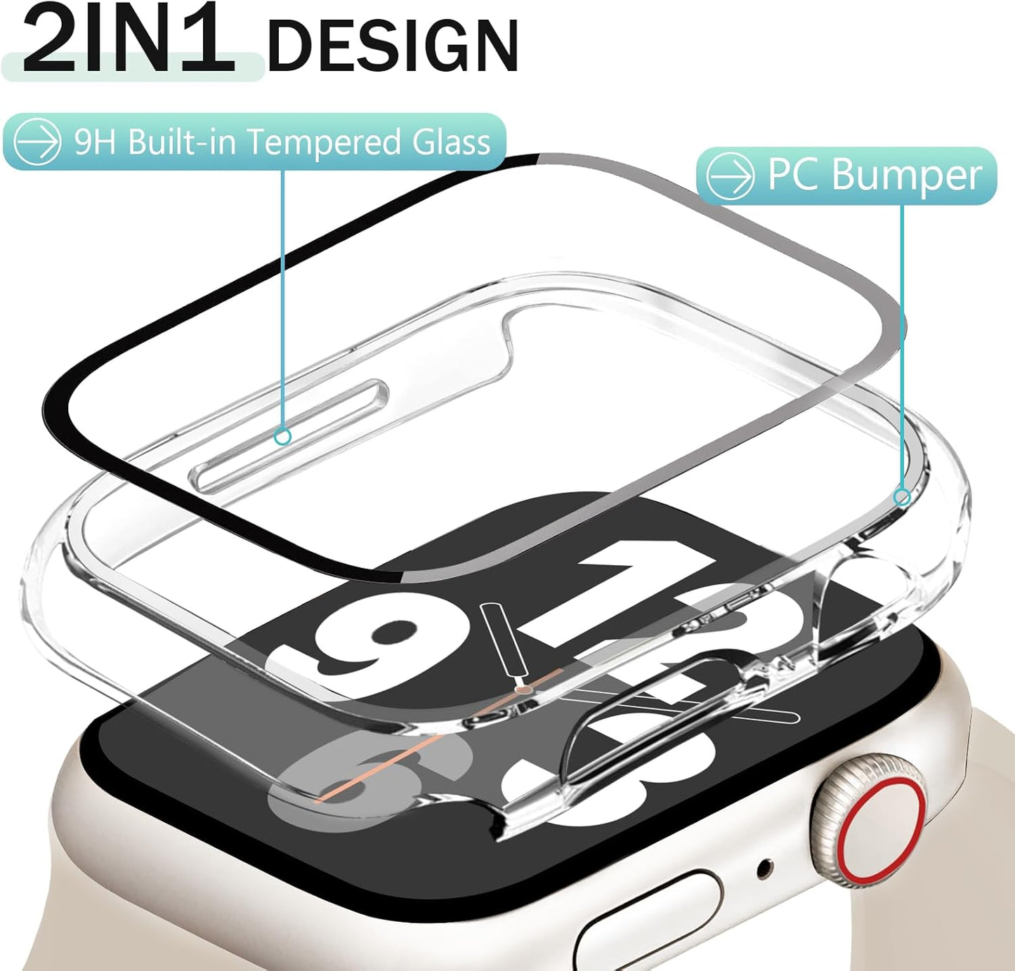 JR.DM 45mm 2 Pack Hard PC Case with HD Tempered Glass Screen Protector for Apple Watch Series 9/8/7, Slim Guard Bumper Full Coverage Protective Anti-Scratch Face Cover for iWatch, Clear+Clear