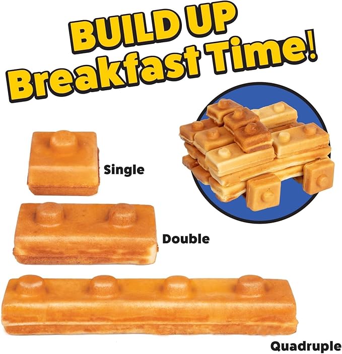 Building Brick Electric Waffle Maker- BLACK with 2 Construction Eating Plates- Cook Fun Buildable Gingerbread Man House Waffles Pancakes- Stack & Build Creations on Serving Dishes, Activity Xmas Gift