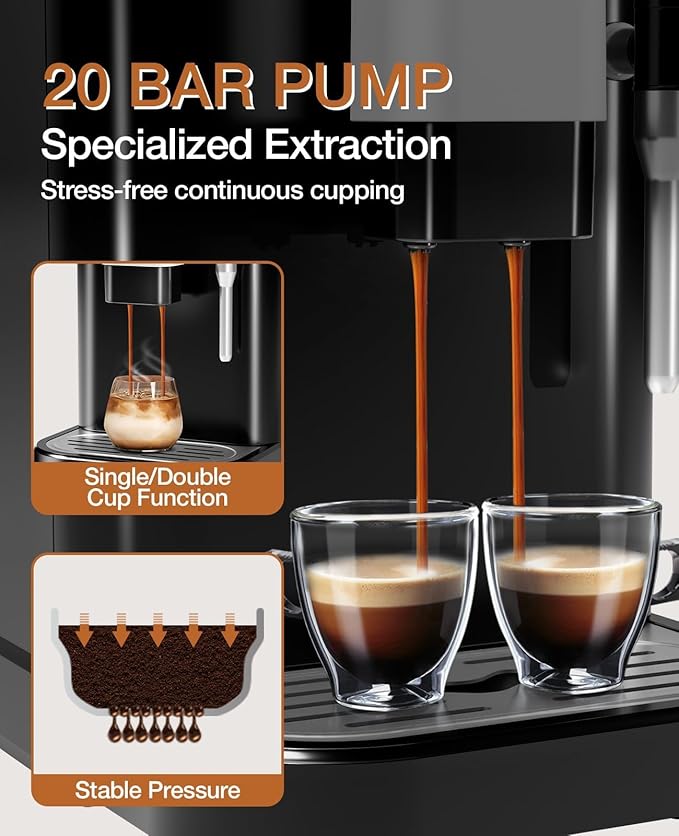 PeakPursuit Super-Automatic Espresso Machine, Grinder and Milk Frother, 20 Bar Pressure, Touchscreen Coffee Maker, 1.5L Removable Water Tank, One-Touch Cappuccino & Latte, Black