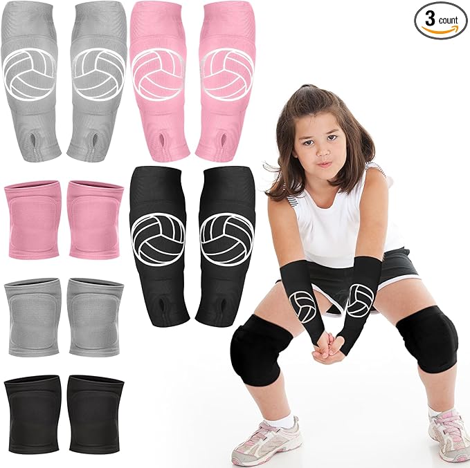 Sosation 3 Set Volleyball Arm Sleeves and Knee Pads for Kids Soft Forearm Sleeves with Protection Pad Thumbhole Volleyball...