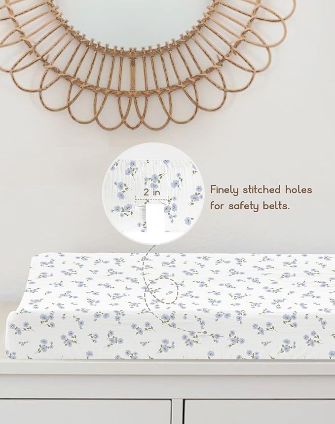 Changing Pad Cover for Baby Boy Girl 2 Pack, Muslin Changing Table Pad Covers with Boho Style, Neutral Nursery Bedding Essentials Soft and Breathable (Bluebell Bloom & Light Blue)