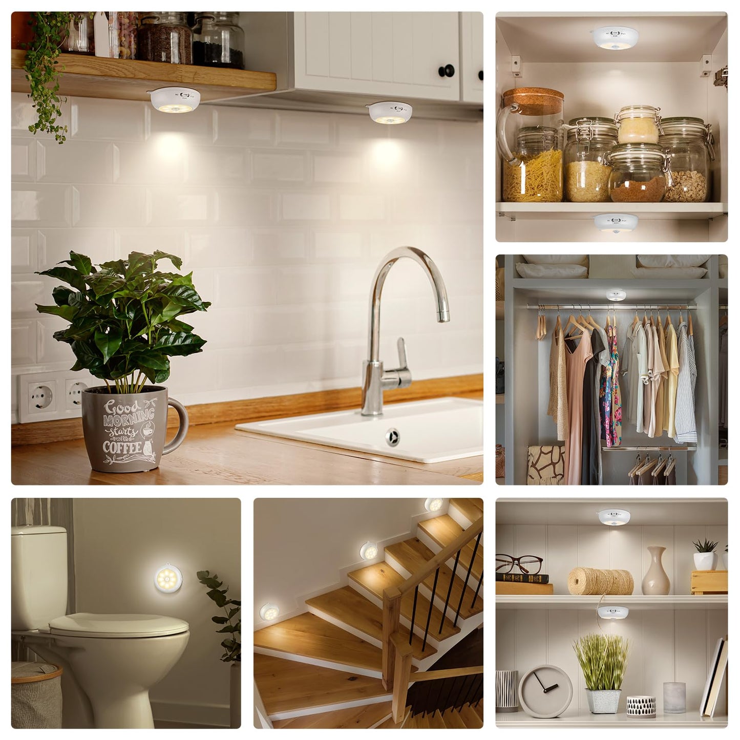 Reoshine Motion Sensor Light Indoor Aa Battery Operated  Under Cabinet Lighting  Magnetic Stick On Led Puck Lights For Stair  Wall  Closet  Dimmable  3000K Warm White (3 Pack)