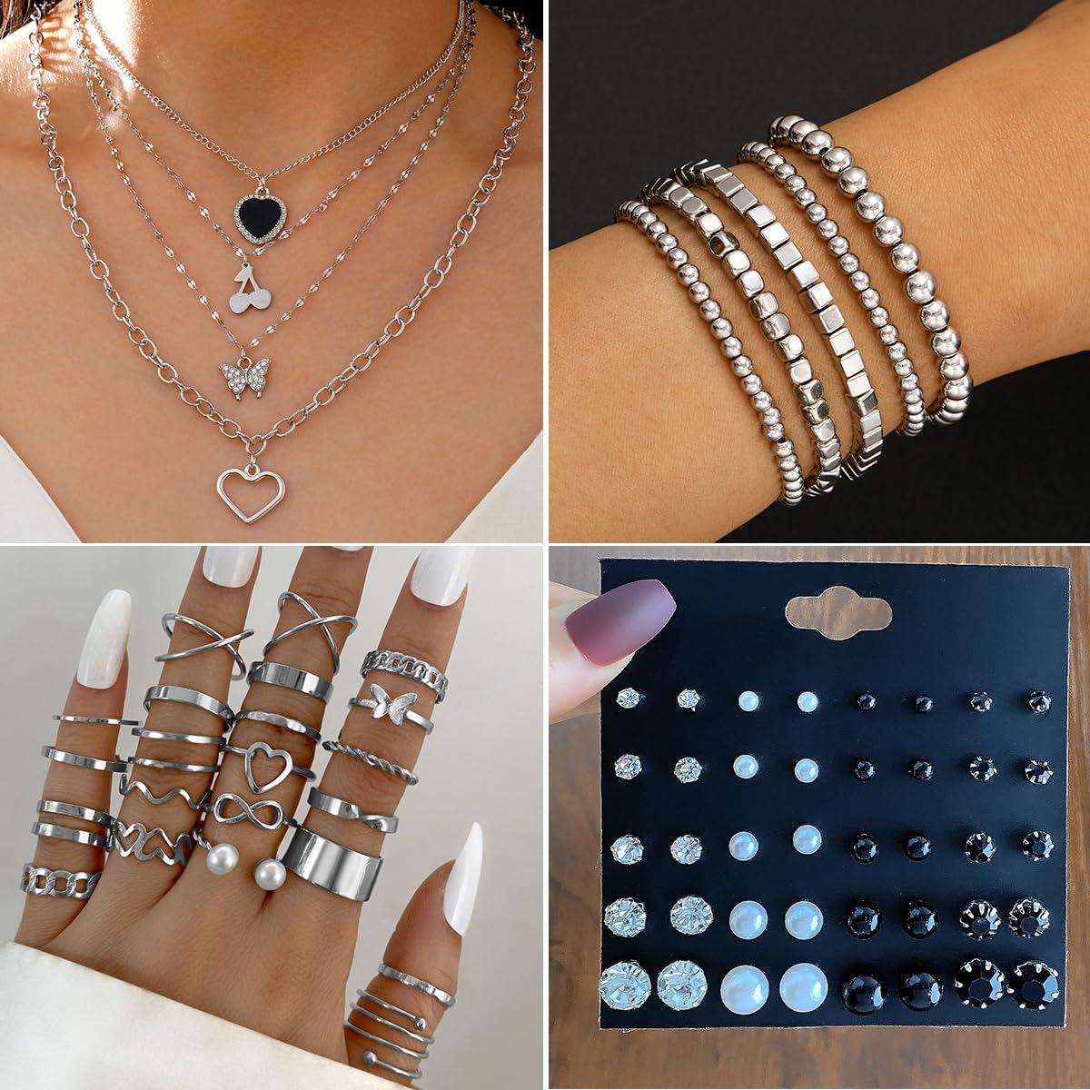 IFNODO 92 PCS Silver Plated Jewelry Set with 8 PCS Necklace, 19 PCS Bracelet, 44 PCS Stud Hoop Earring, 21 Pcs Knuckle Rings for Women Valentine Anniversary Friendship Gift