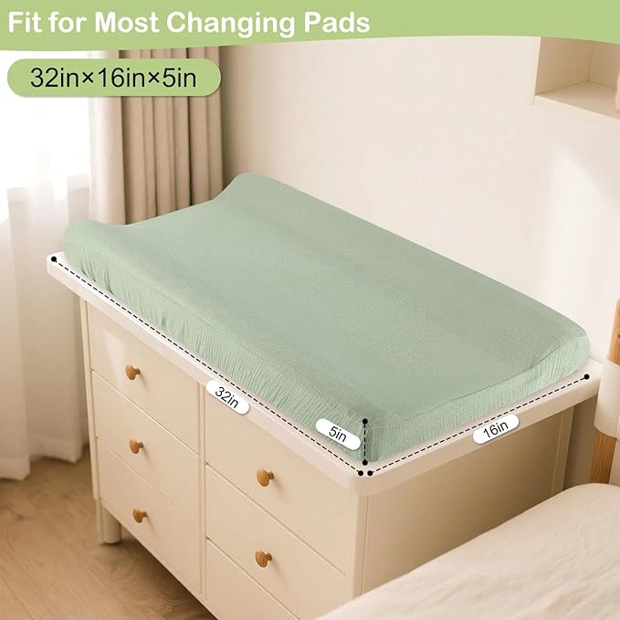Basumee Muslin Changing Pad Cover Waterproof 2 Pack Baby Changing Table Covers for Boys and Girls Soft Breathable Nursery Diaper Change Table Cover Pad Fits 32"x16", Beige and Green
