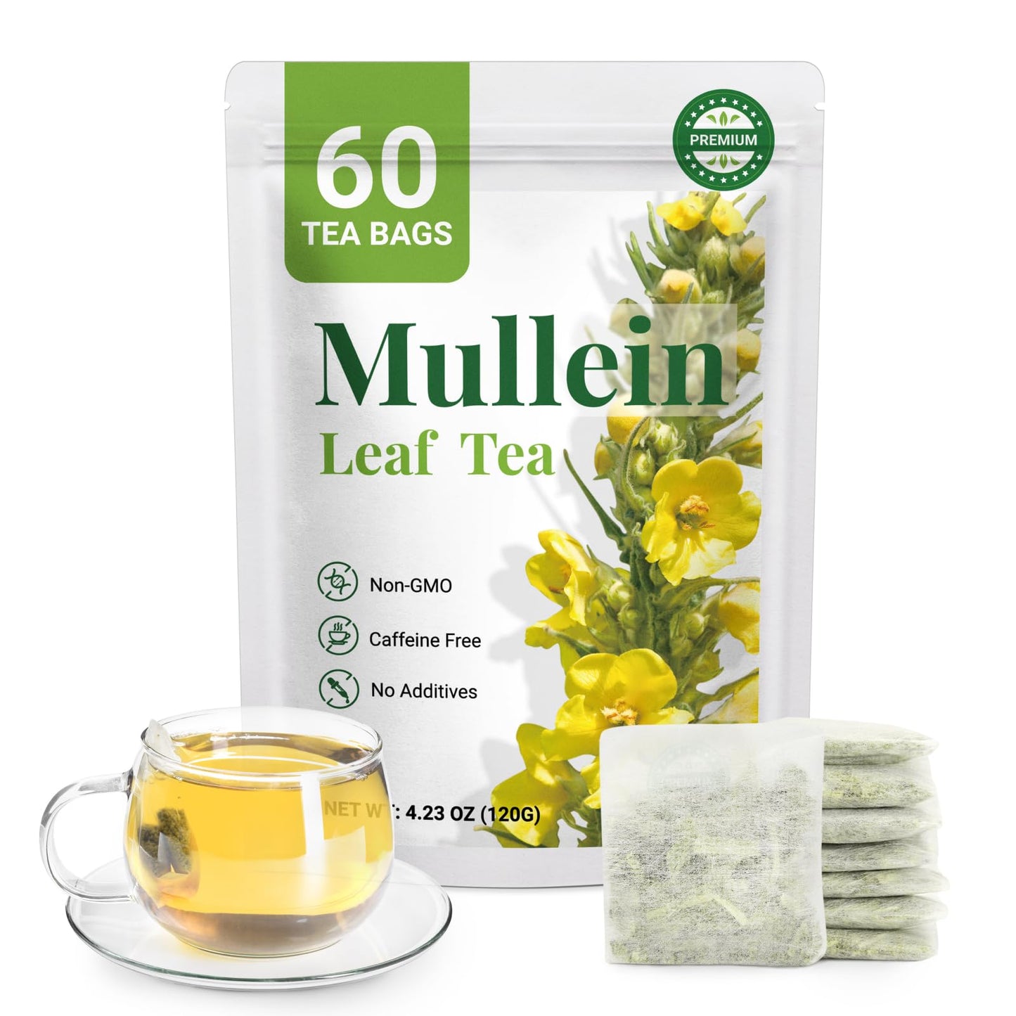 enhanced 60 Mullein Tea Bags For Lungs - 100% Pure Mullein Leaf | For Lung Health & Respiratory Wellness Support | Caffeine Free - No Additives & Non-GMO | Plastic-Free  Plant-Based Tea Bags