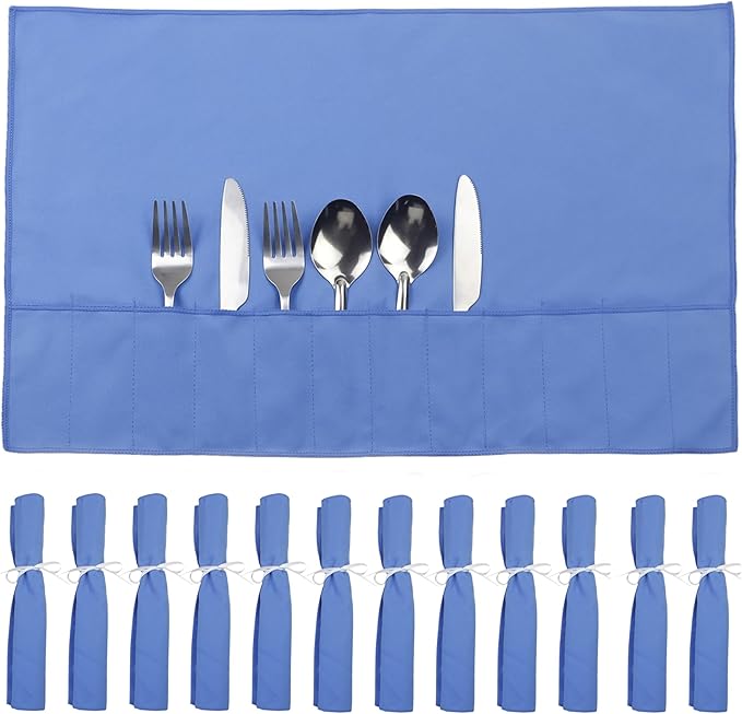 12 Pcs Blue Silverware Organizer,Silver Storage Cloth Felt Flatware Organizer, Silver Protector Bags, Place Setting Roll with Stylish White Ribbon for All Kitchen Cutlery Utensil