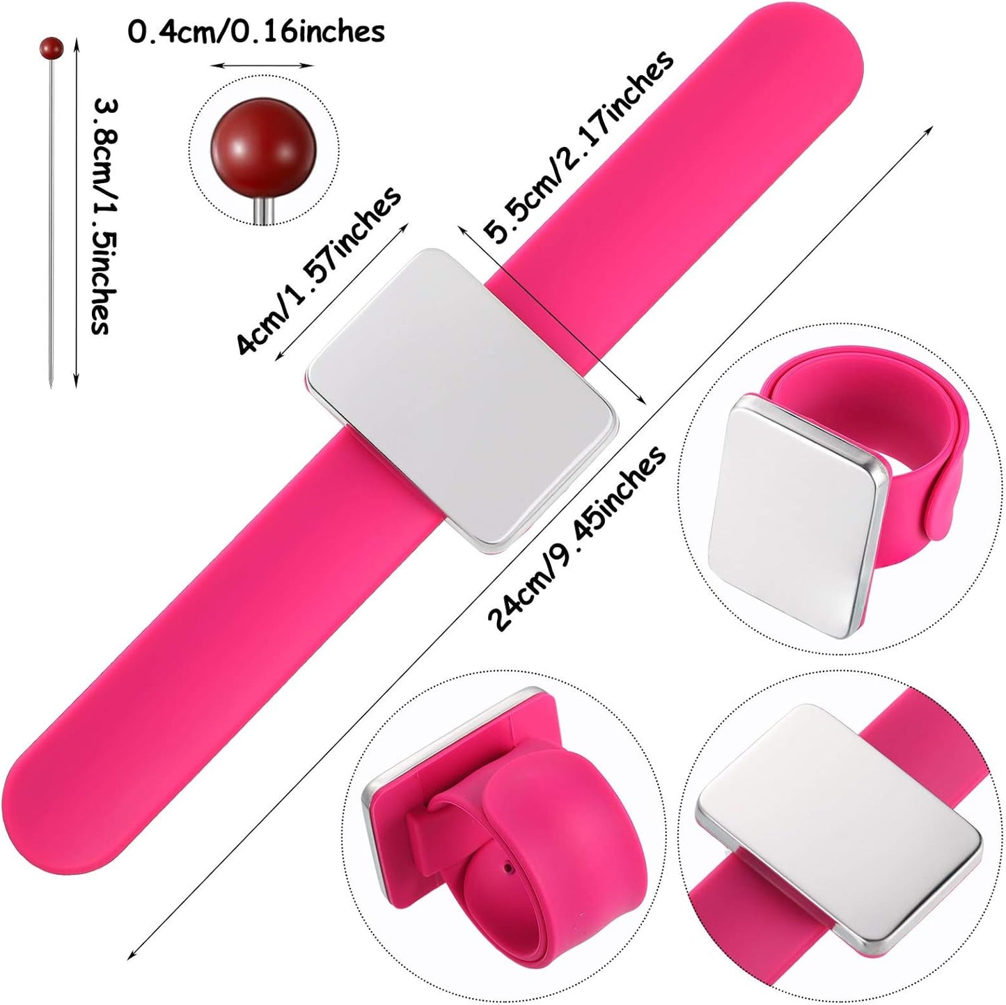 Magnetic Wrist Sewing Pincushion with 100 Pieces 1.5 Inch Ball Head Sewing Pins Set Wrist Magnetic Pin Holder Gift Supplies(Rose Red)