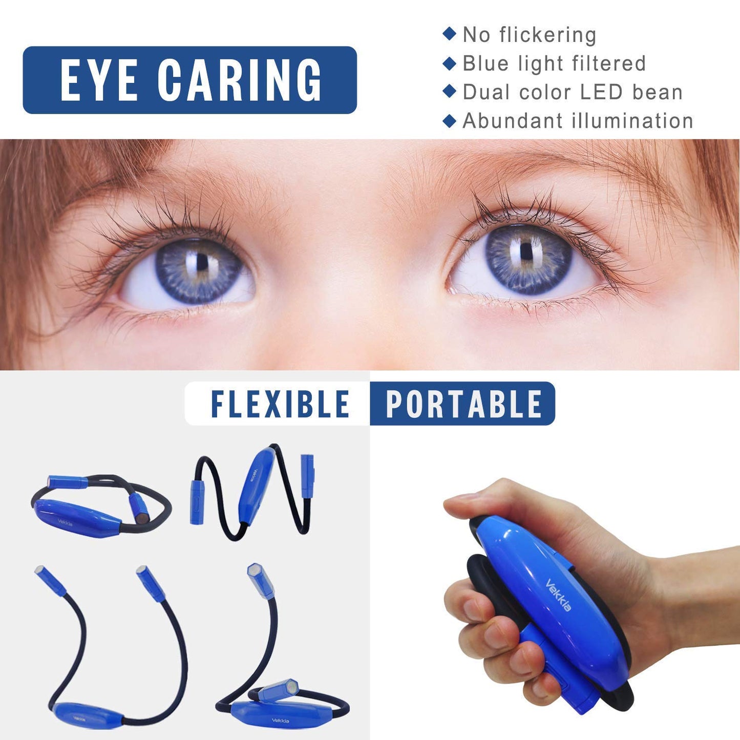Vekkia Neck Reading Light - Rechargeable, Hands-Free, 9 Brightness Levels, Blue