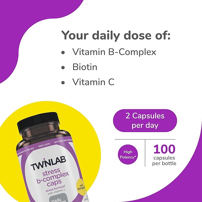 Twinlab Stress B-Complex Caps - Complete B-Complex & 1000 mg Vitamin C - Energy Support Supplement with Vitamin B12 and B6-100 Capsules