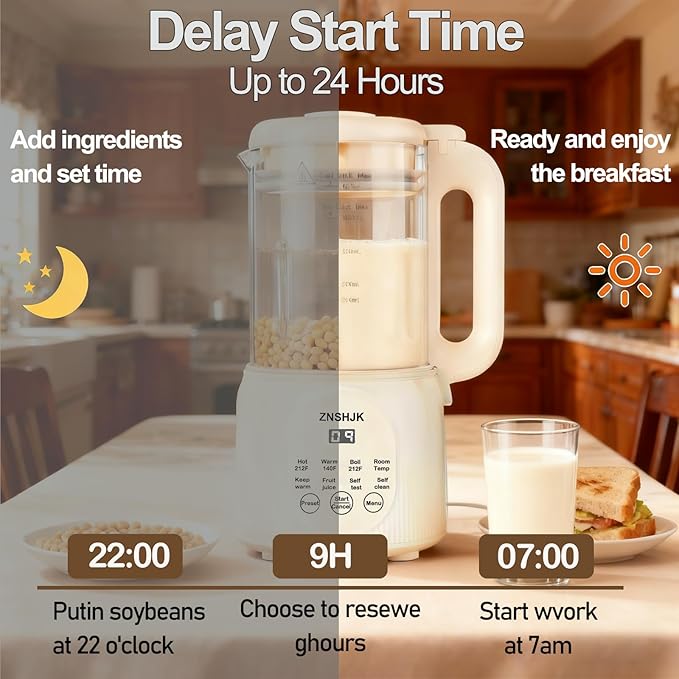 8-in-1 Nut Milk Maker, 40oz Automatic Soy, Almond & Oat Milk Machine for Homemade Plant-Based Drinks, with delay start, keep warm, boil water & self-cleaning functions