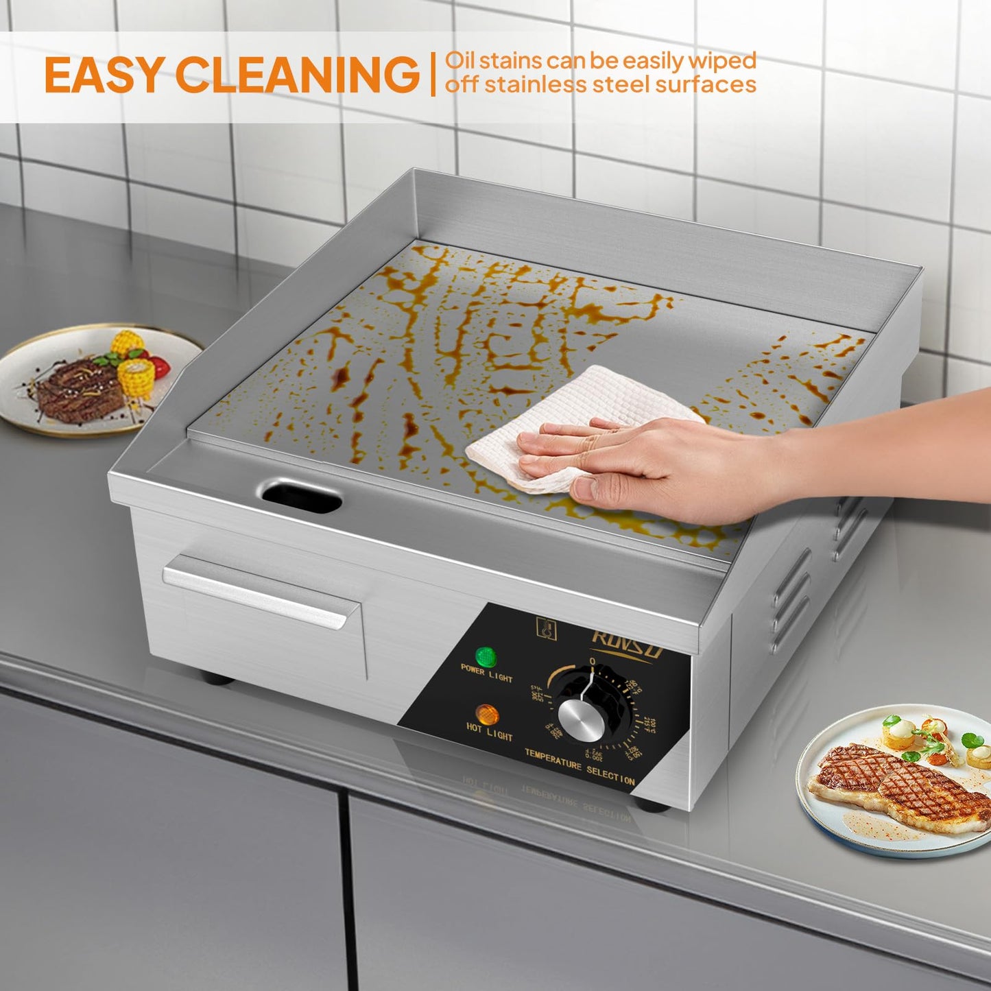 ROVSUN 14" Electric Countertop Flat Top Griddle, 1500W Electric Griddle, Teppanyaki Grill Stainless Steel with Adjustable Temperature Control 122°F-572°F for Home Restaurant Commercial