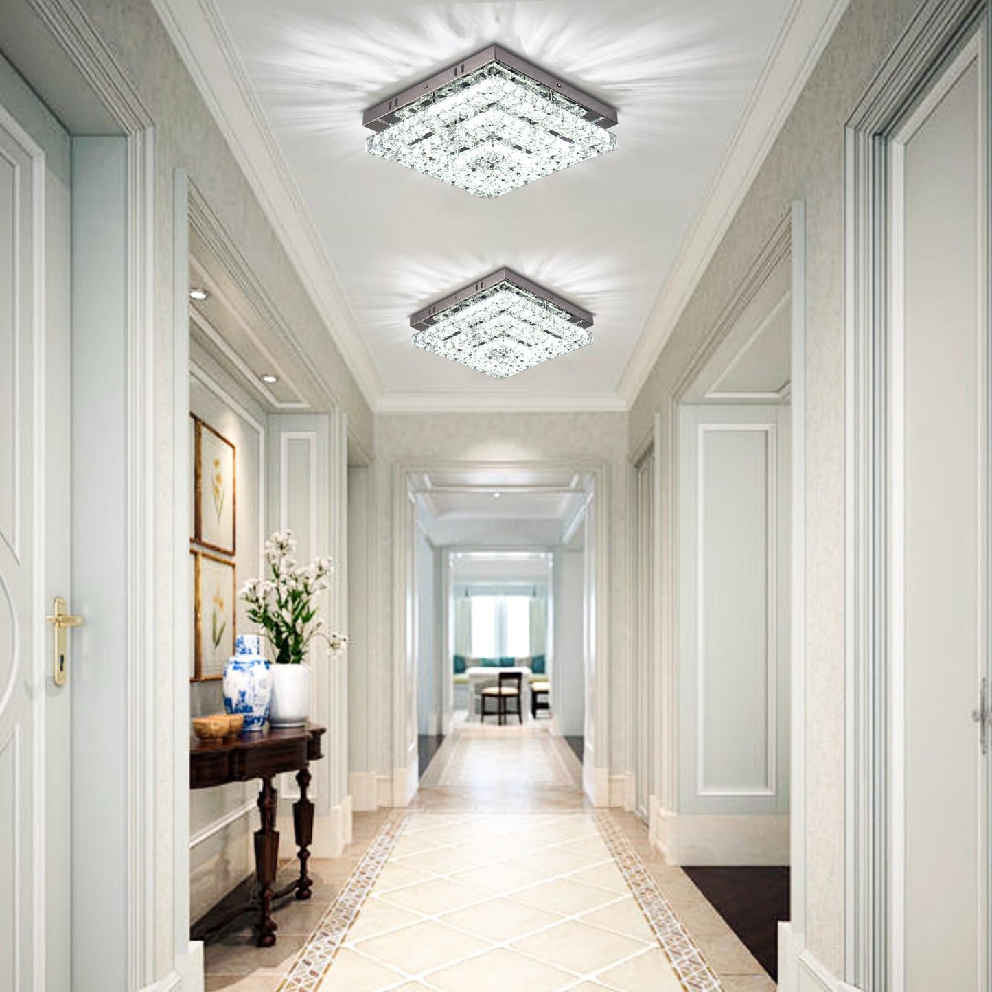 Cainjiazh LED Crystal Flush Mount Chandelier 11.8in Square Ceiling Light Cool White Stainless Steel for Bedrooms Hallway Kitchen Office