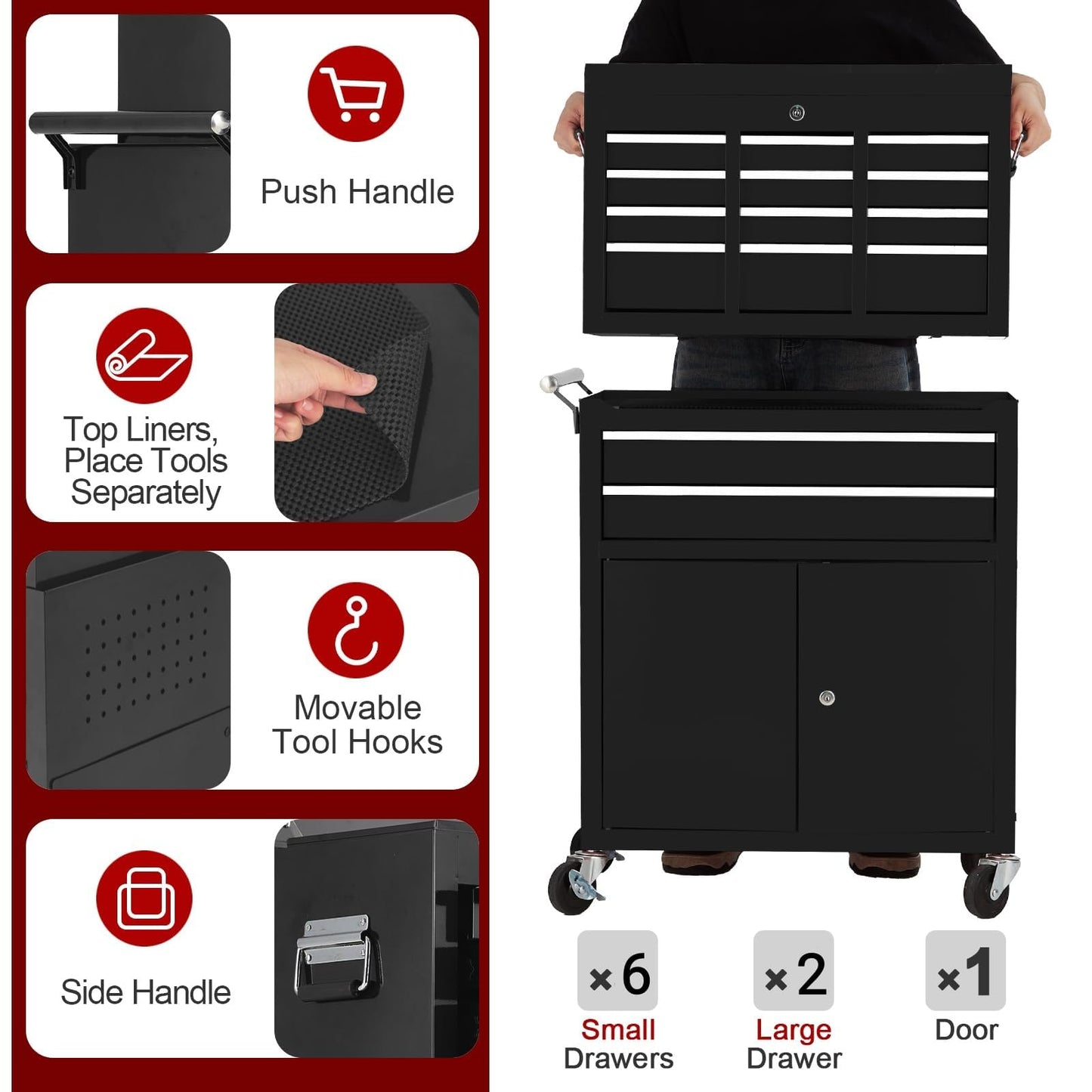 Tool Box with Wheels,24in 8-Drawer Rolling Tool Chest and Organizer for Garage & Workshop, Includes Detachable Top, Lockable Wheels and Sliding Drawers, Essential Tool Chest Cabinet Organizer