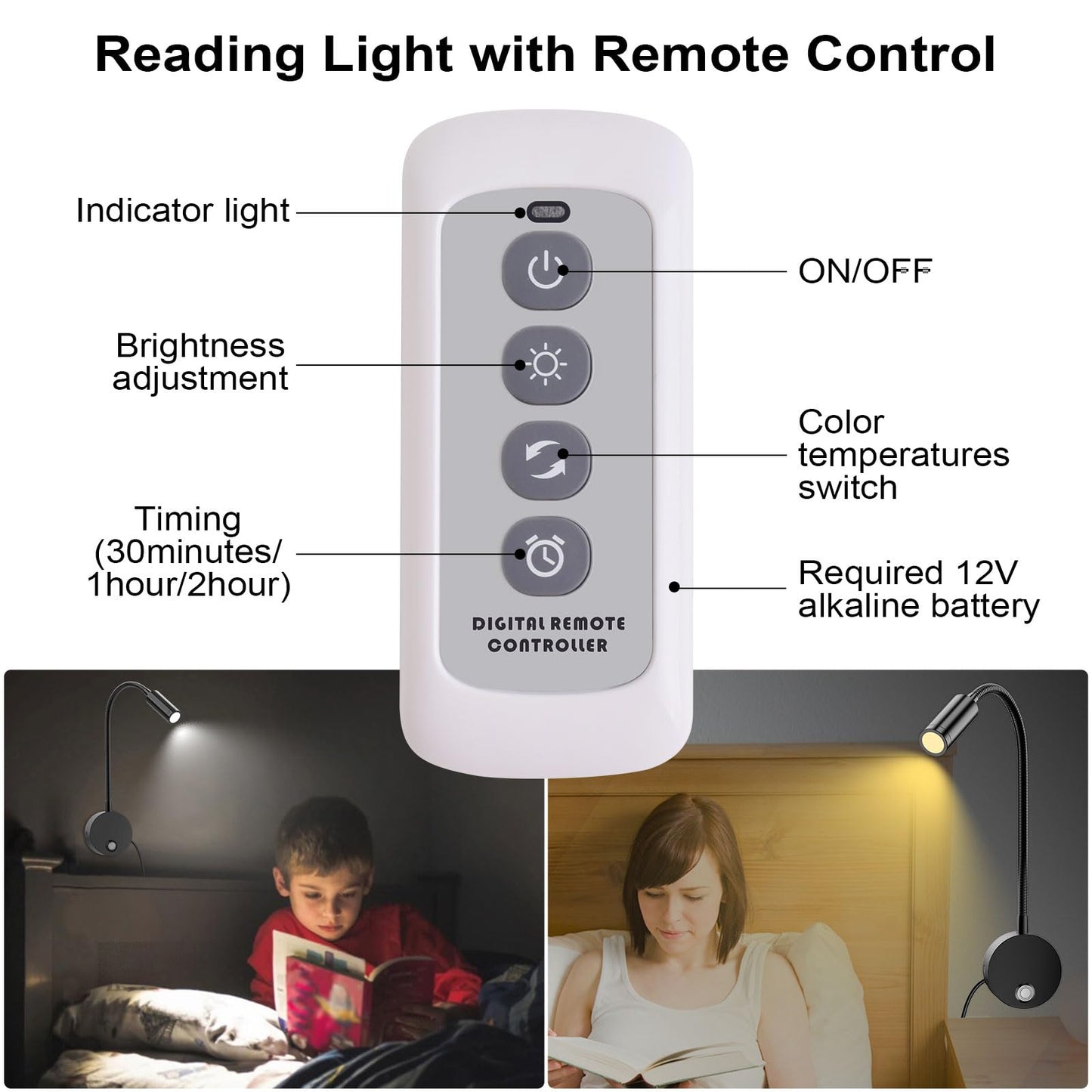 ERAY Wall Mounted LED Reading Light, Dimmable, Remote Control, USB Charging, 15in Gooseneck, Black, 1 Pack, Model PY-HB605U-RF