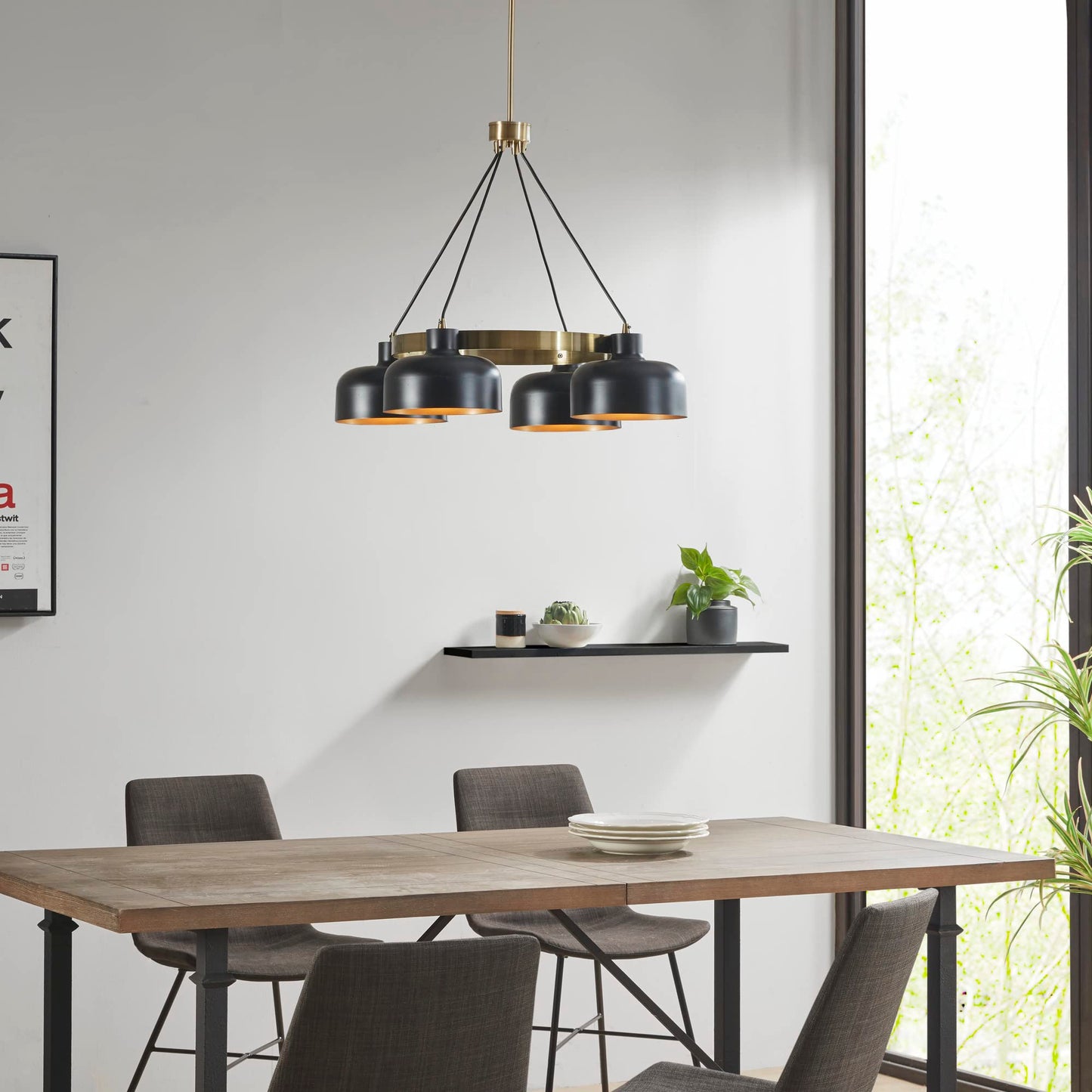 INK+IVY Abbott Chandelier, Adjustable Rod, 4 Bulbs, Iron, 28.5inDia x 26.5inH-50.5inH, Black/Gold, Model