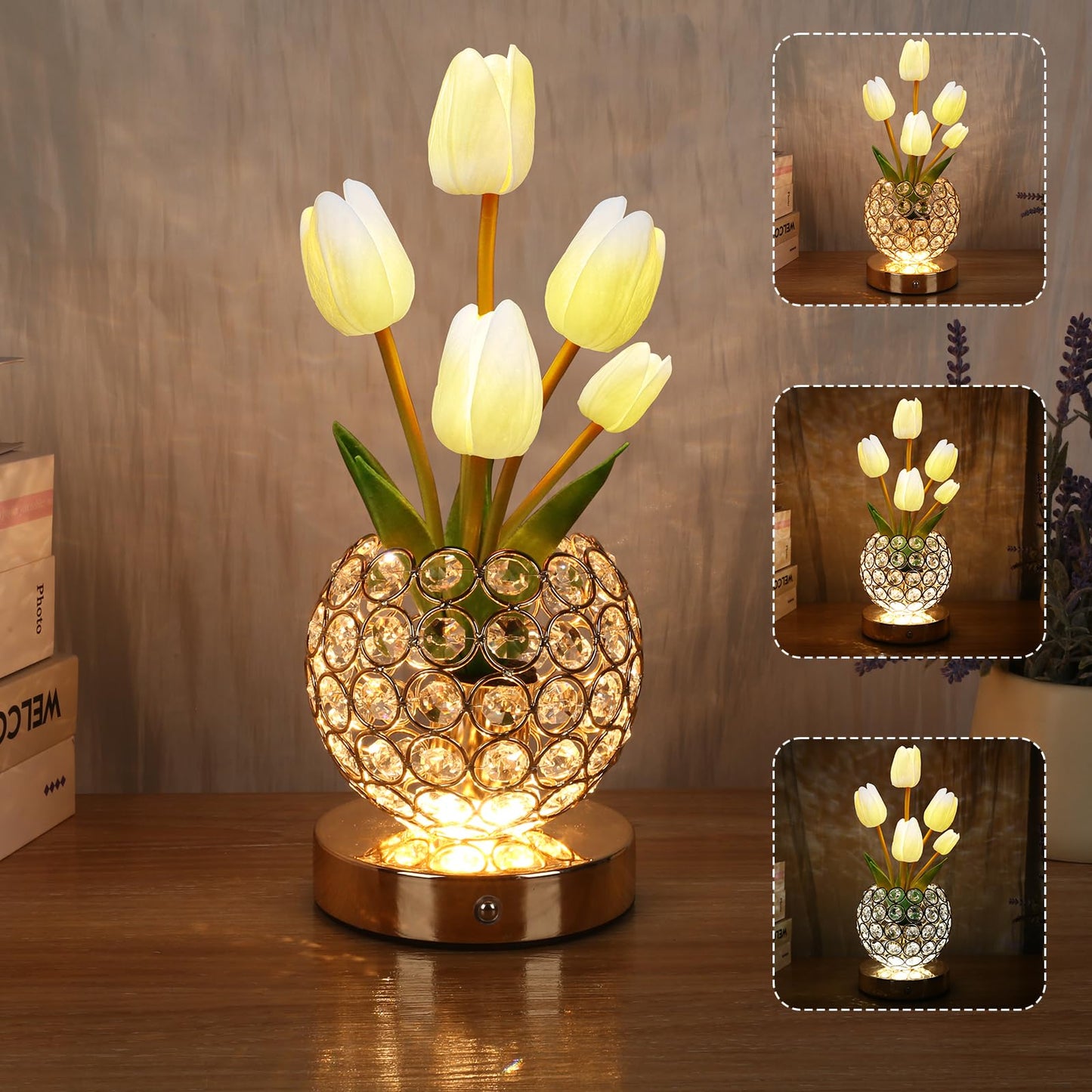 Zqpbled Birthday Gifts For Women/Mom Table Lamp  3 Color Crystal Flower Bedside Lamps Infinitely Dimming With Usb Charge Small Night Light Nightstand Touch Lamp For Bedroom (A-White)