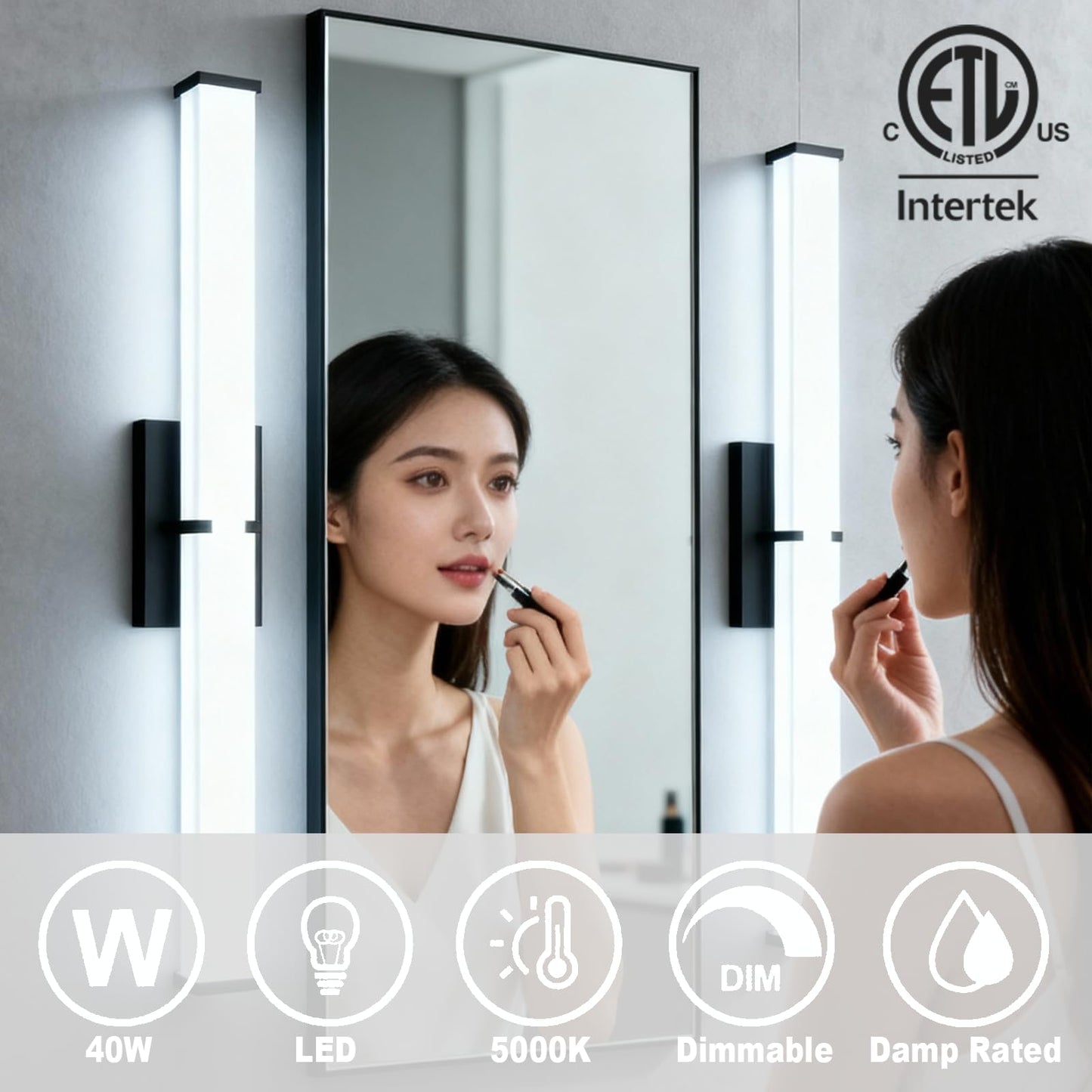 Bathroom Light Fixtures: 39.96 Inch Etl Certified Bathroom Vanity Light 5000K Cool White 40W 3600Lm - Modern Black Led Vanity Light Elegant Clear Shade  Bathroom Lighting Fixtures Over Mirror Dimmable