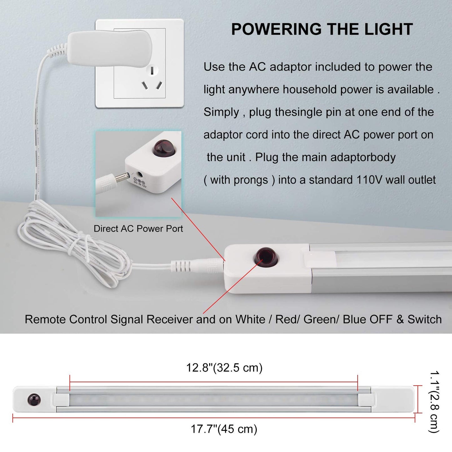 Luxsway Led Rgb Strip Light, 18 Inch Color Changing Under Cabinet Lighting, Remote Control, Plastic, Model Dy103Ir-12C