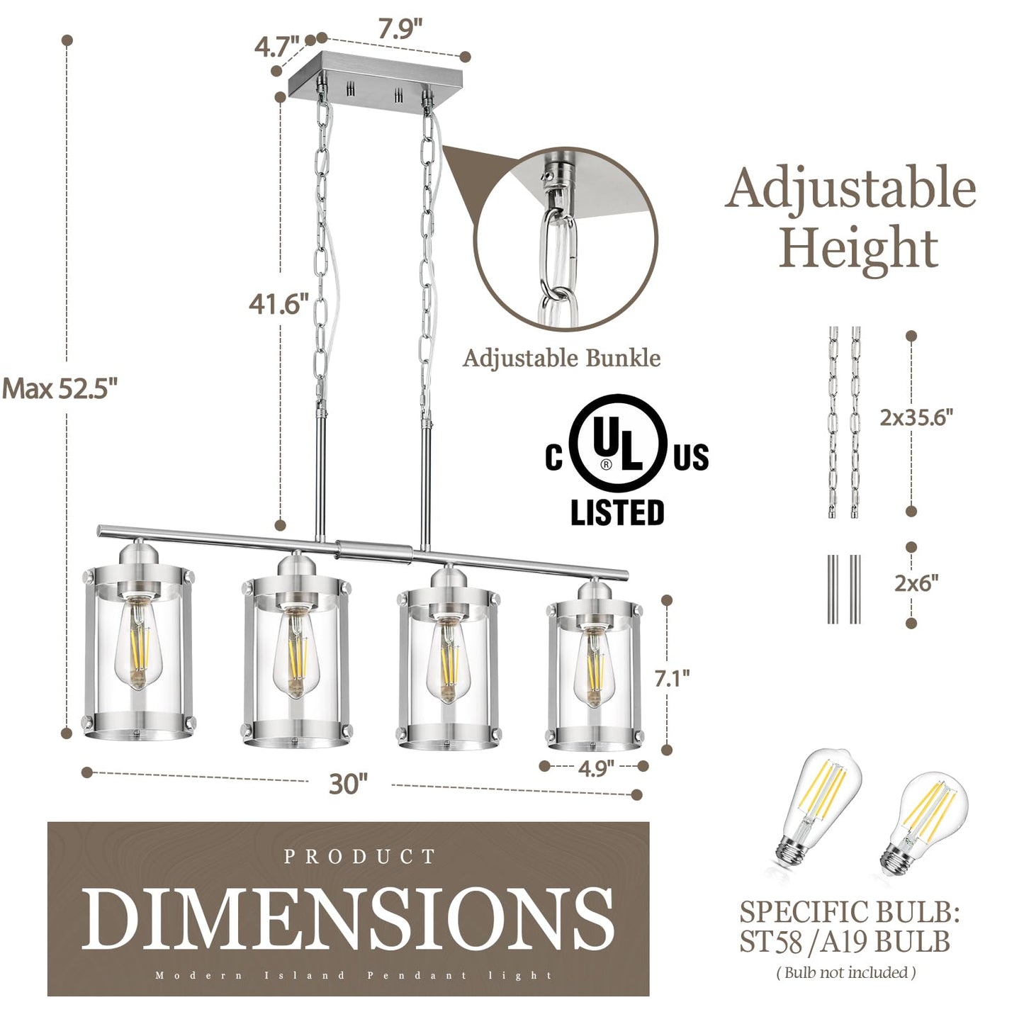 Osimir 4-Light Kitchen Island Lighting  Brushed Nickel Linear Dining Room Light Fixtures With Clear Glass  Modern Industrial Chandelier Pendant Light For Kitchen Island Dining Room  Os-3014-4Isbn