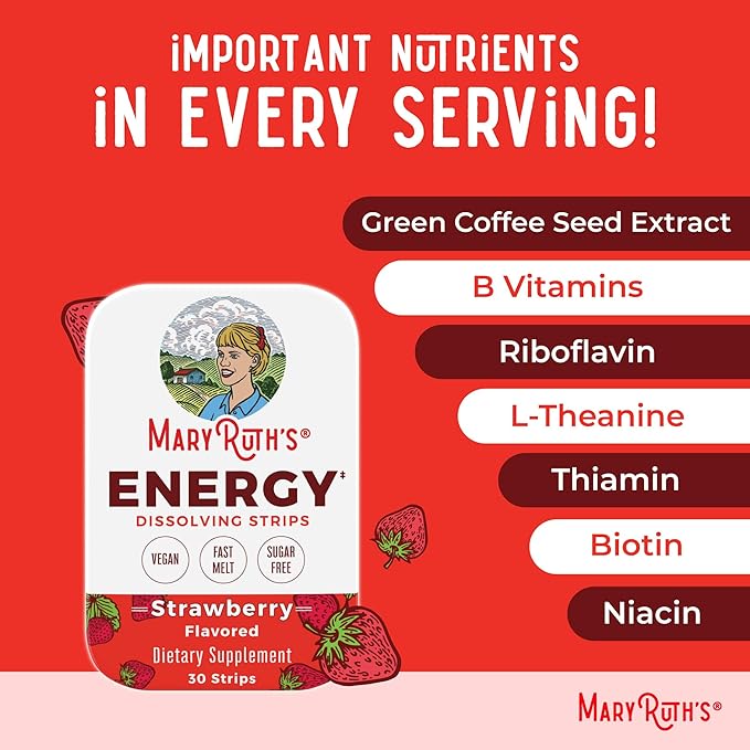 Energy Dissolving Strips by MaryRuth's | Biotin | Vitamin B12 | Vitamin B6 | B Vitamin Complex | Support Energy Levels | L Theanine | Sugar Free | Strawberry Flavor | Vegan | Gluten Free | 30 Count