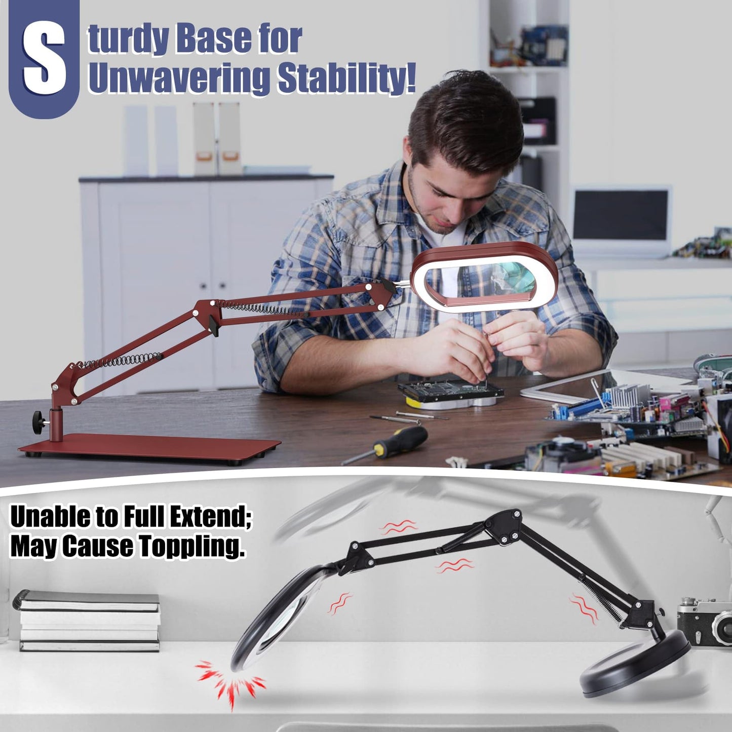 Drdefi 10X Magnifying Glass with LED Light, Glass Material, Hands-Free Clamp, Model 602, Red