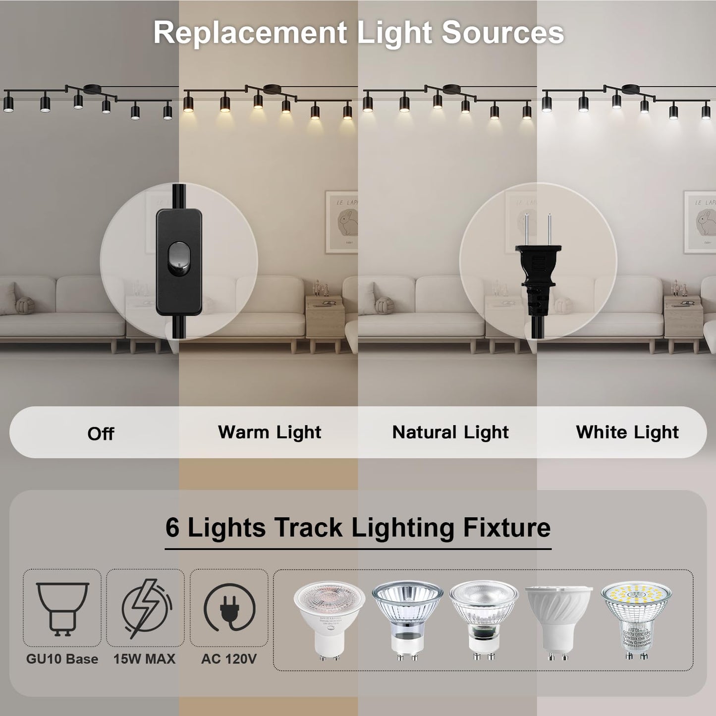 Plug In Track Lighting Led  Track Lighting Fixtures Ceiling  Black 6-Light Kitchen Light Kit  Plug In Wall Light With 14.8Ft Power Cord  Rotatable Ceiling Spotlight For Bedroom(Gu10 Socket  No Bulb)