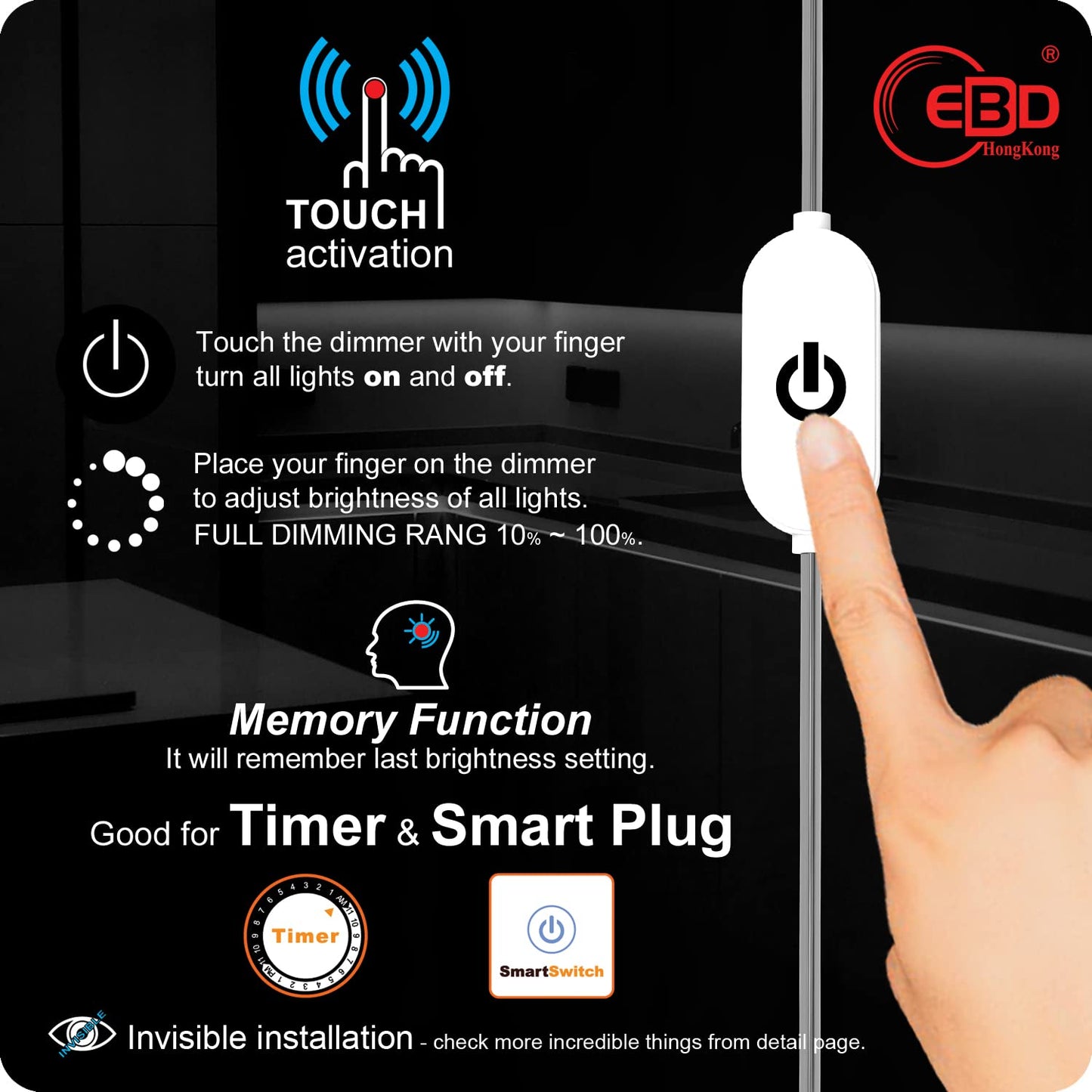 EBD Under Cabinet Lights Touch LED Under Cabinet Lighting Built-in Adjustable Cable No Messy Wires! 6 Pcs Super Bright Light Bar 6500K Cool White 2100Lm Good for Timer & Smart Plug