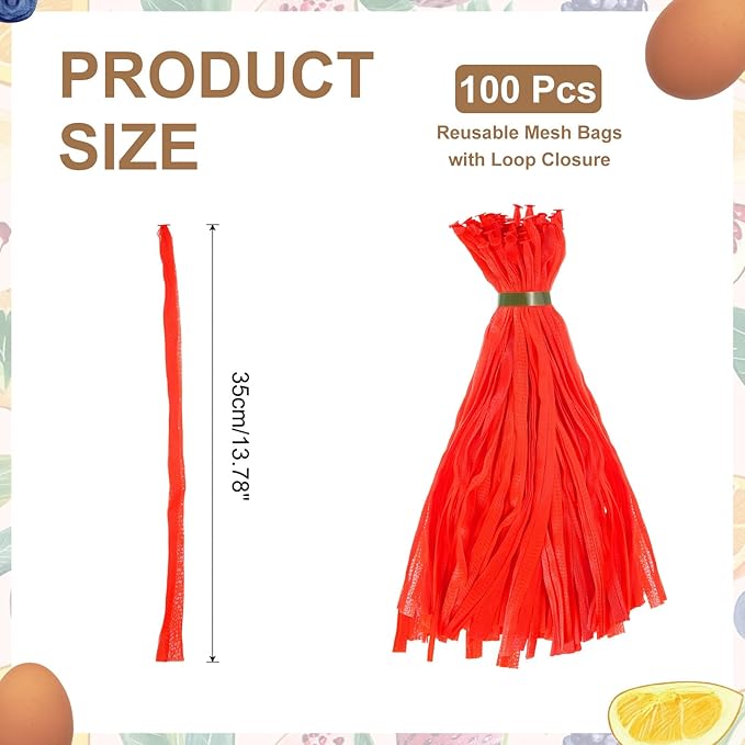 uxcell 100Pcs Reusable Produce Mesh Bags, 35cm Mesh Nylon Netting with Loop-Style Closures, Stretchable Egg Hatching Bags for Fruit Vegetable Storage, Red