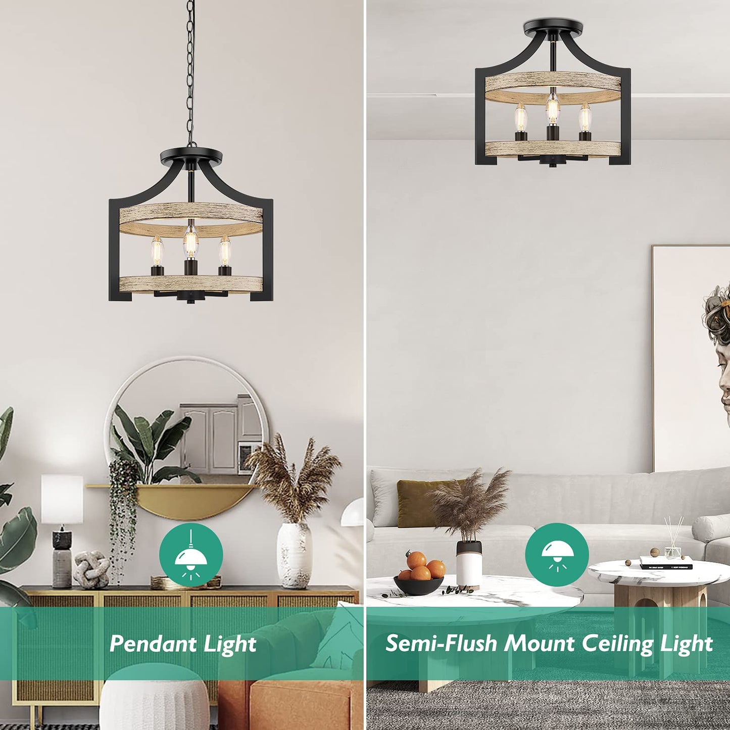 Beslowe 3-Light Rustic Farmhouse Pendant Light, Adjustable Height 68In, Black Metal Chandelier With White Birch Wood Finish