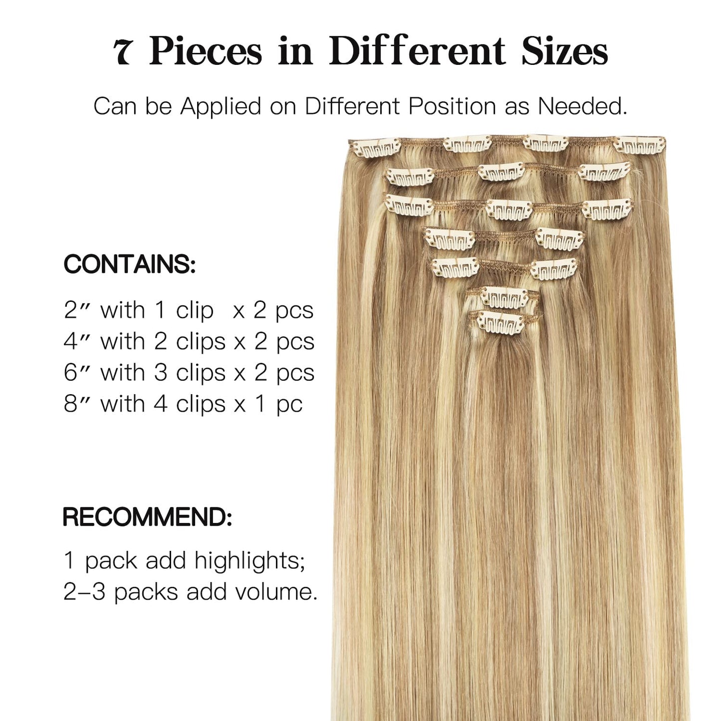 HOTBANANA Clip in Hair Extensions Real Human Hair, 145g 7pcs 24 inch Light Blonde Highlighted Golden Blonde Clip in Human Hair E