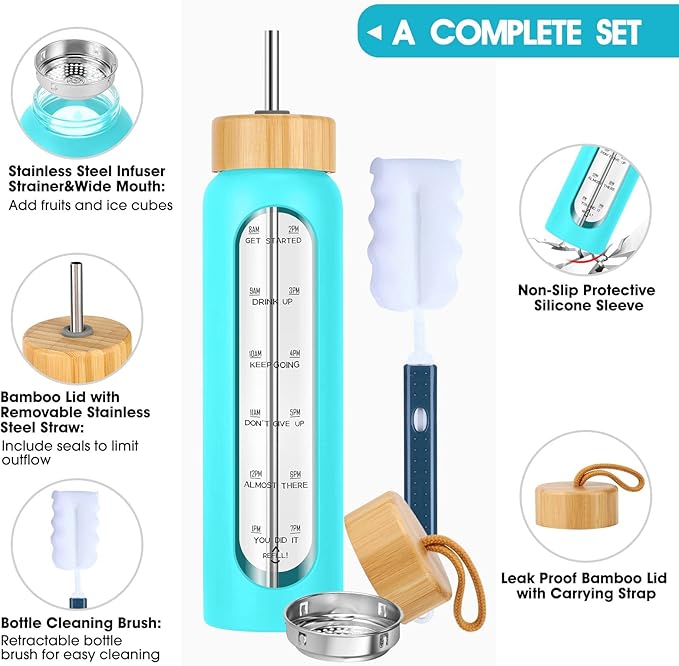 32 oz Glass Water Bottles with Straw - Motivational Glass Water Bottle with Time Marker & Silicone Sleeve - Reusable Glass Tumbler Includes 2 Bamboo Lids & Fruit Infuser - 1 Pack